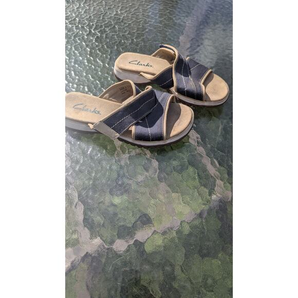 Clarks Adjustable Canvas Blue/Tan Sandals Open Toe Slip On Women’s Size 6 M - Picture 2 of 9